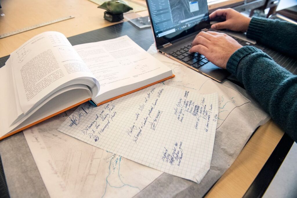 Students in LARC 330: Landscape Architecture Construction 1 clas work on end of semester projects in the Ag Annex building December 13th, 2019. (WVU Photo/Brian Persinger)