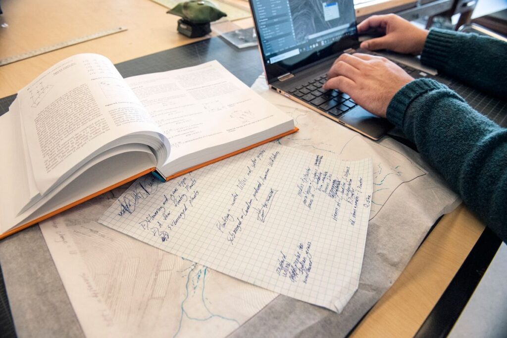 Students in LARC 330: Landscape Architecture Construction 1 clas work on end of semester projects in the Ag Annex building December 13th, 2019.  (WVU Photo/Brian Persinger)