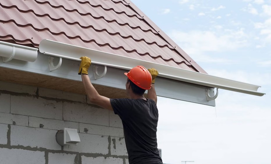 A worker carefully positions a new gutter section on a house's roofline