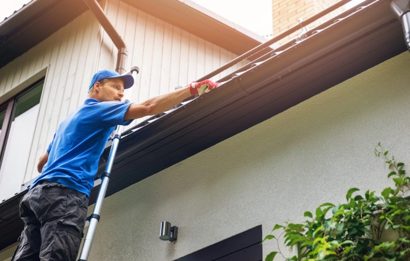 A professional cleans the gutters, ensuring proper drainage