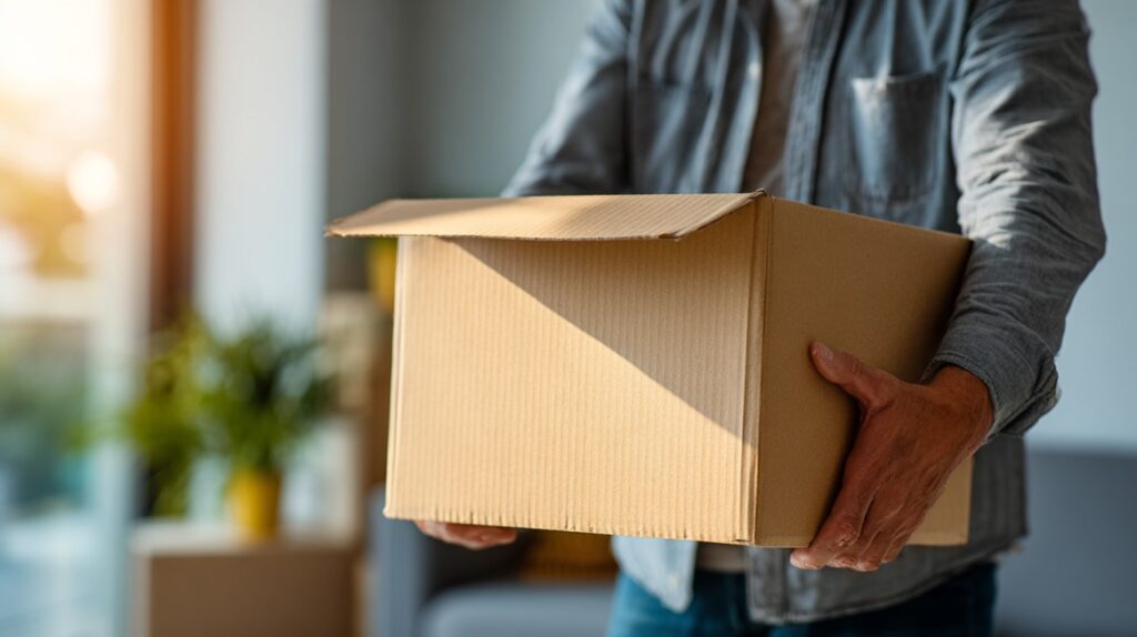Person holding a cardboard moving box indoors
