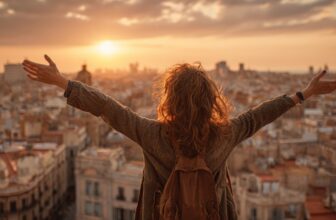 Traveler with a backpack raising arms while overlooking a cityscape at sunset