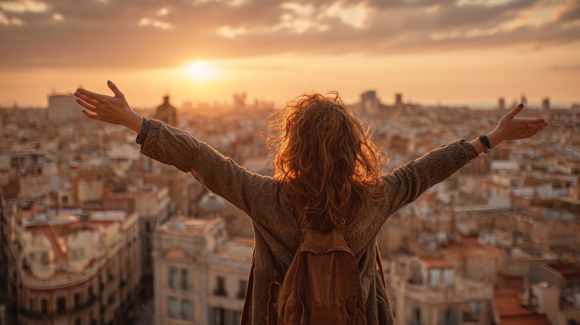 Traveler with a backpack raising arms while overlooking a cityscape at sunset