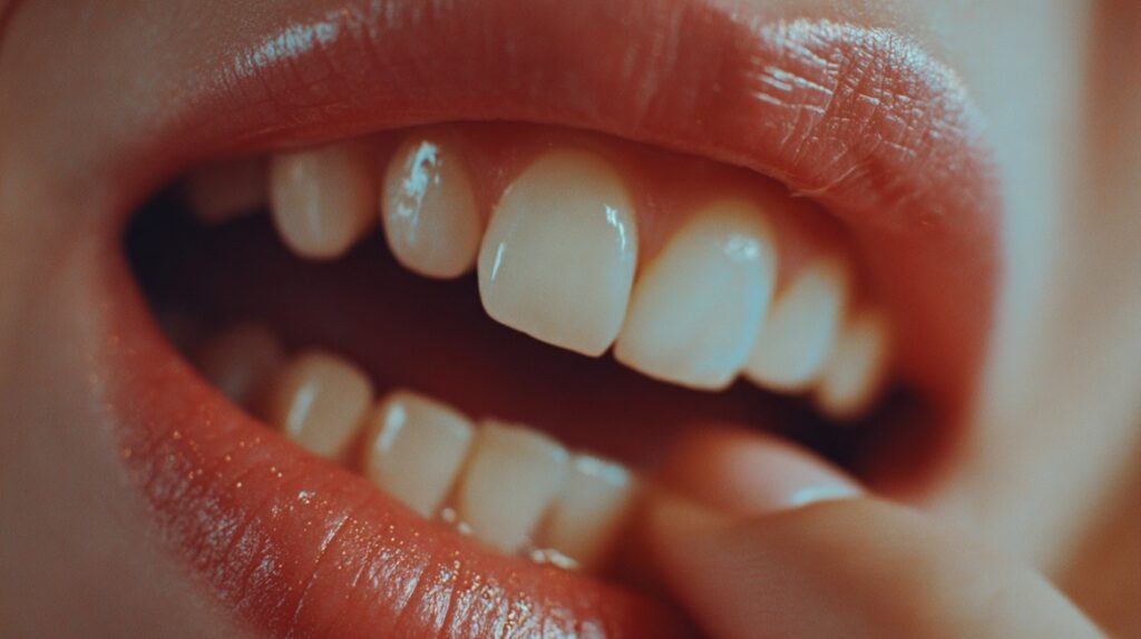 Close-up of teeth with a finger removing trapped food