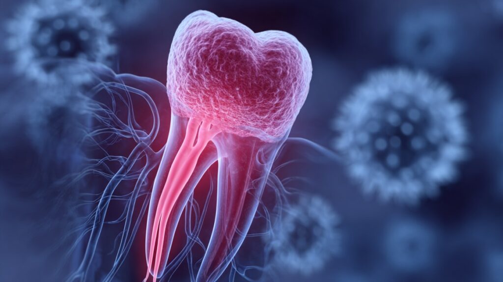 3D illustration of an infected tooth surrounded by bacteria