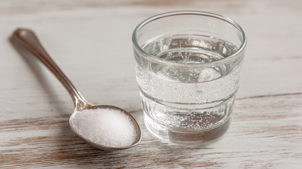 Glass of water and spoonful of salt on a wooden surface