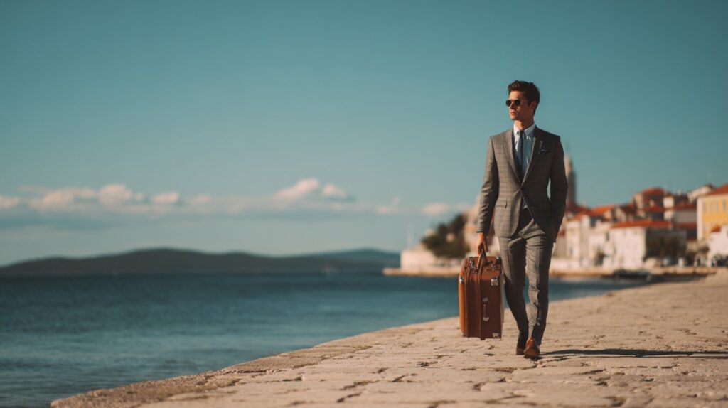 Man in a suit carrying a suitcase while walking along a seaside promenade