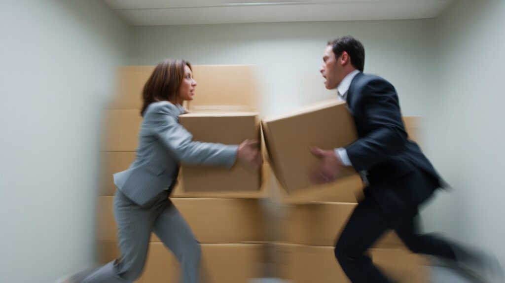 Two business professionals rushing toward each other carrying moving boxes