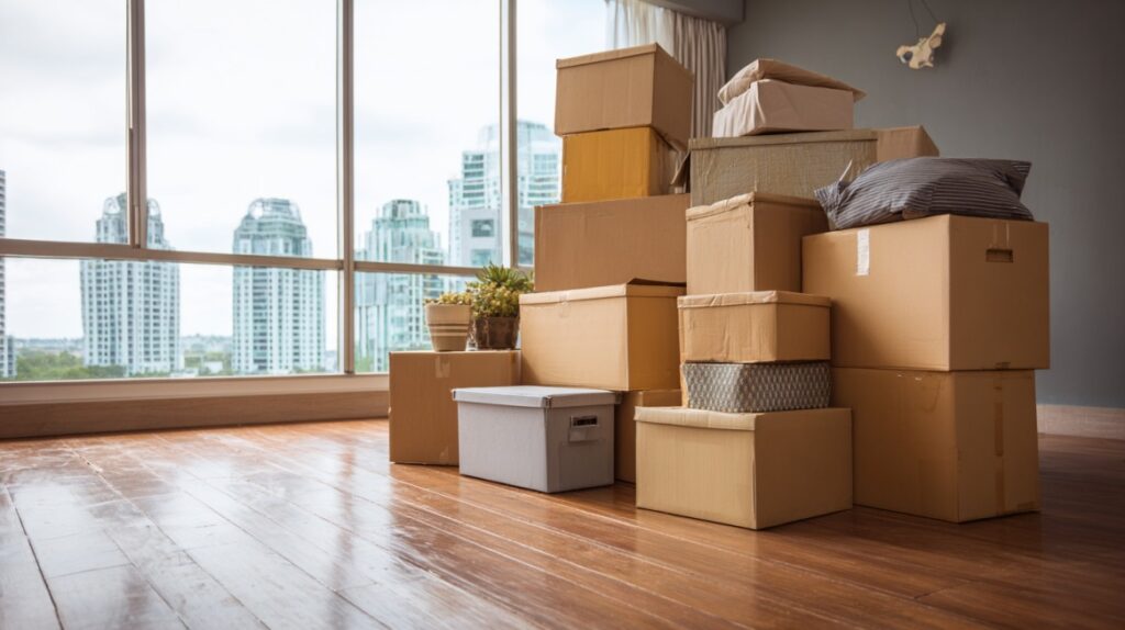 Stack of packed cardboard boxes in an apartment with city view