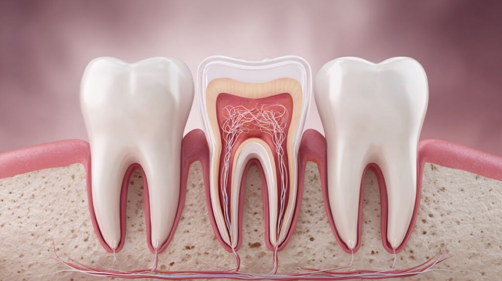 3D illustration of a tooth cross-section revealing enamel, dentin, and pulp
