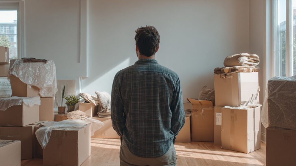 Man standing in a room filled with moving boxes, preparing to settle in.