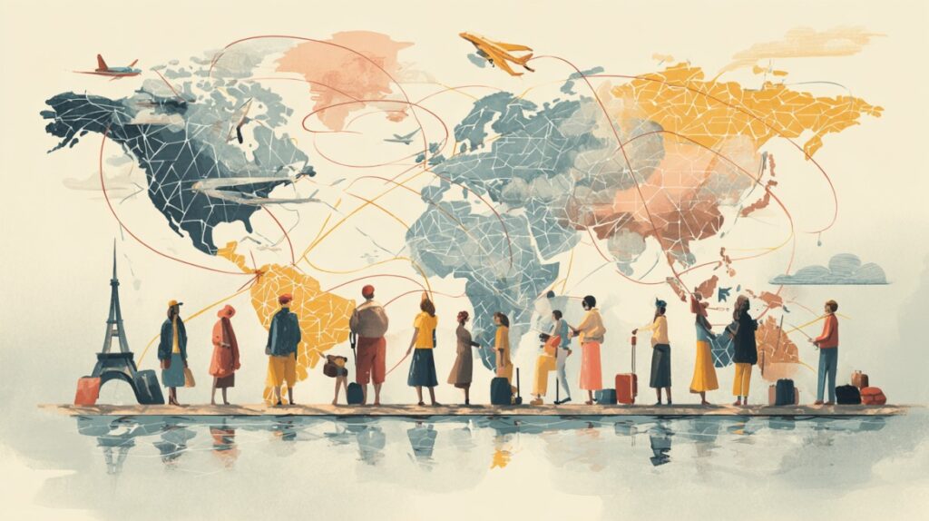 Illustration of people with luggage standing in front of a world map with flight paths connecting continents