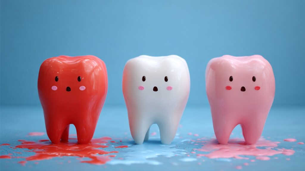 Three cartoon teeth showing stages of tooth decay