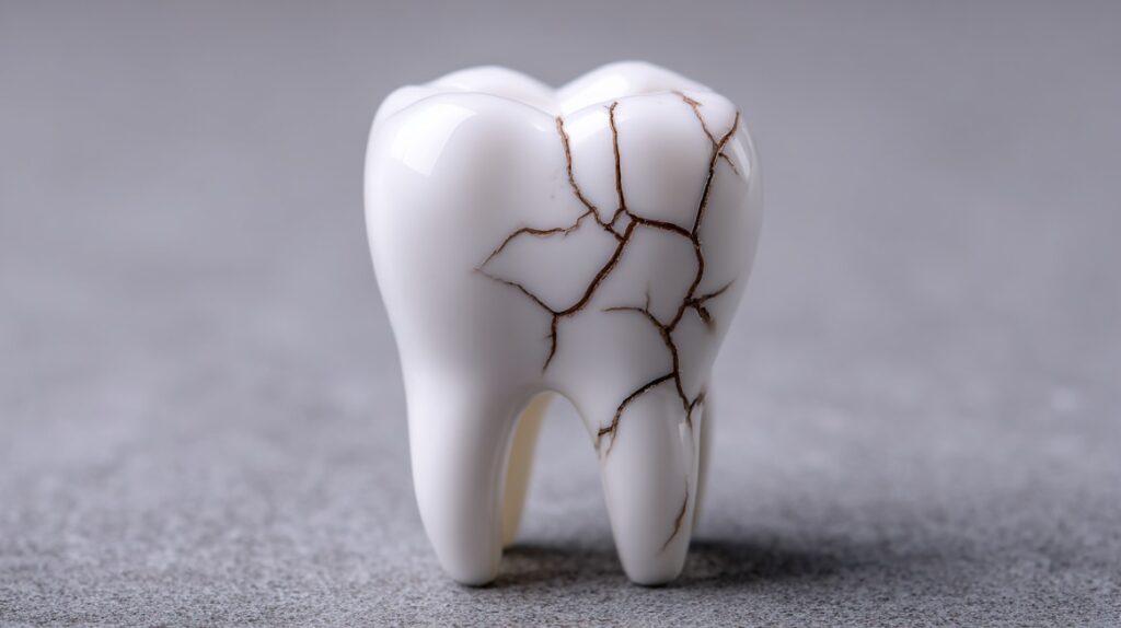 Close-up of a tooth model with visible cracks