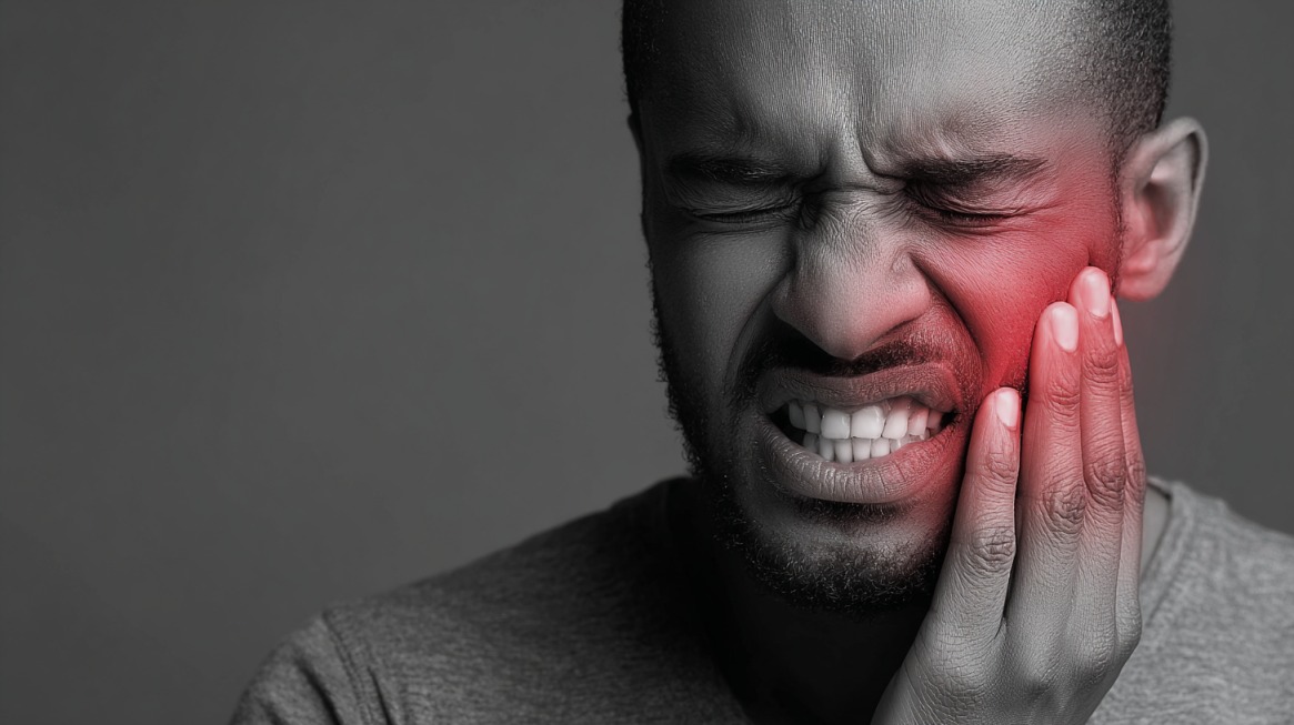 Man with a painful expression holding his cheek due to toothache