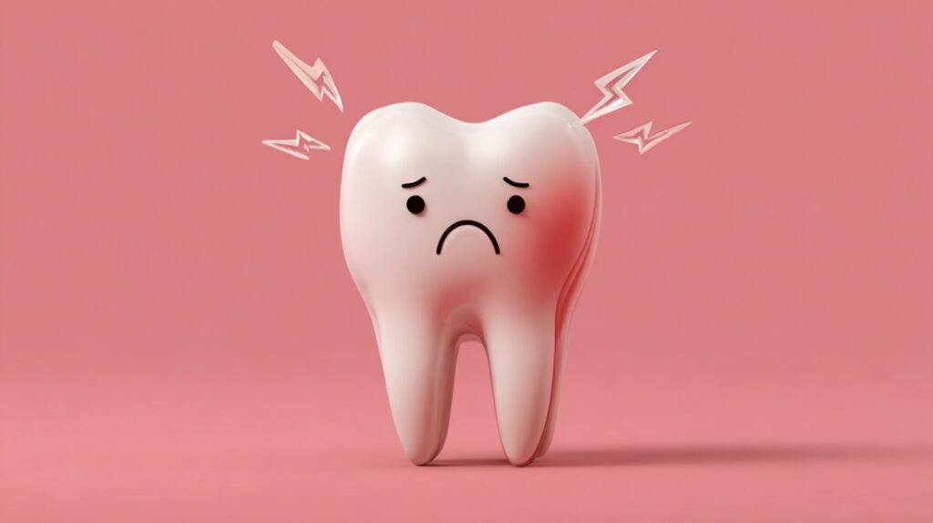 Illustration of a tooth with a sad expression and signs of pain