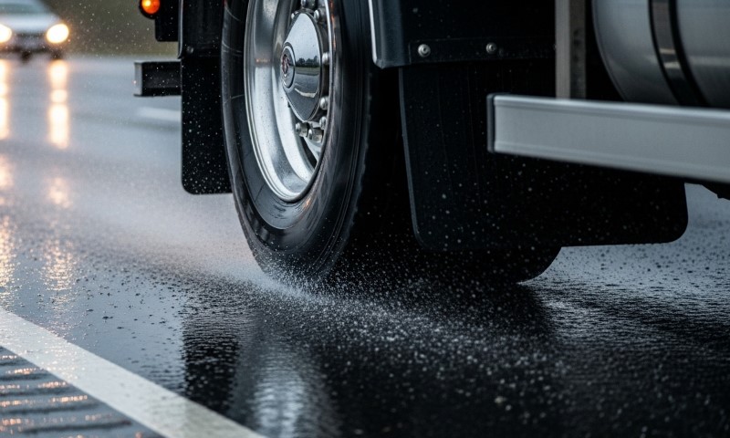 Close up view of a truck's tire rolling on a wet highway