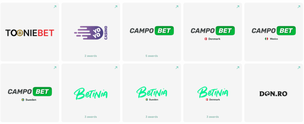 Soft2Bet casino brands including ToonieBet, YoYo Casino, CampoBet, Betinia, and Don.ro with regional variations and award mentions. 