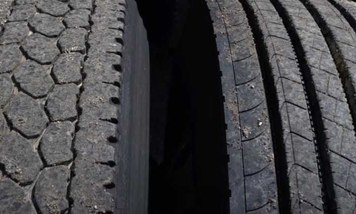 Close-up of deep tire treads on a truck tire