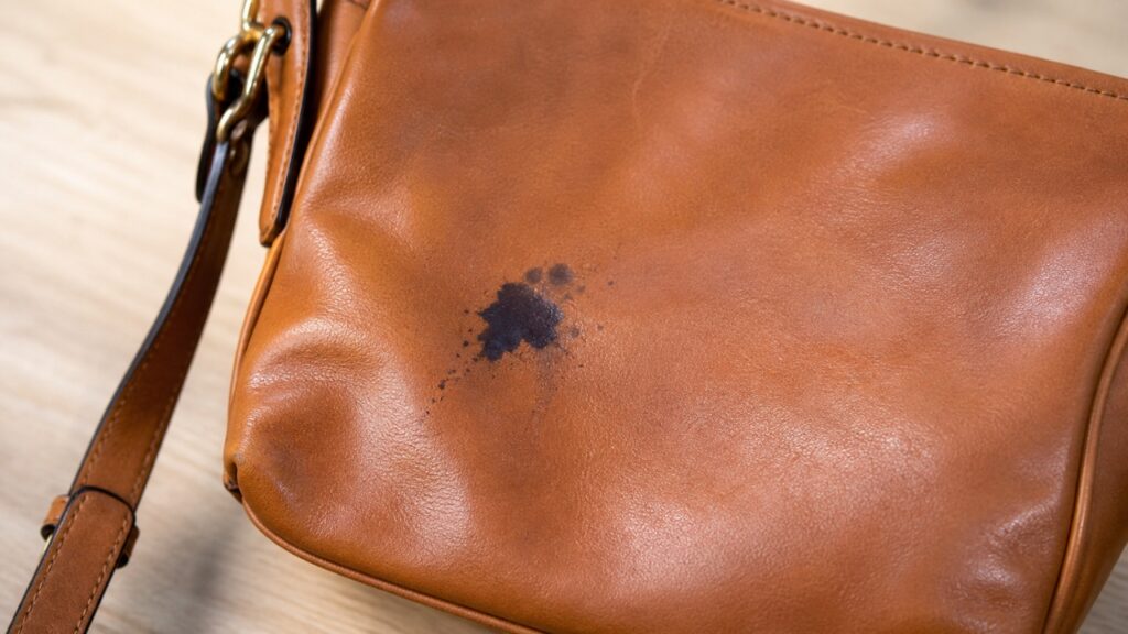 Close-up of a leather bag with a dark stain on the surface