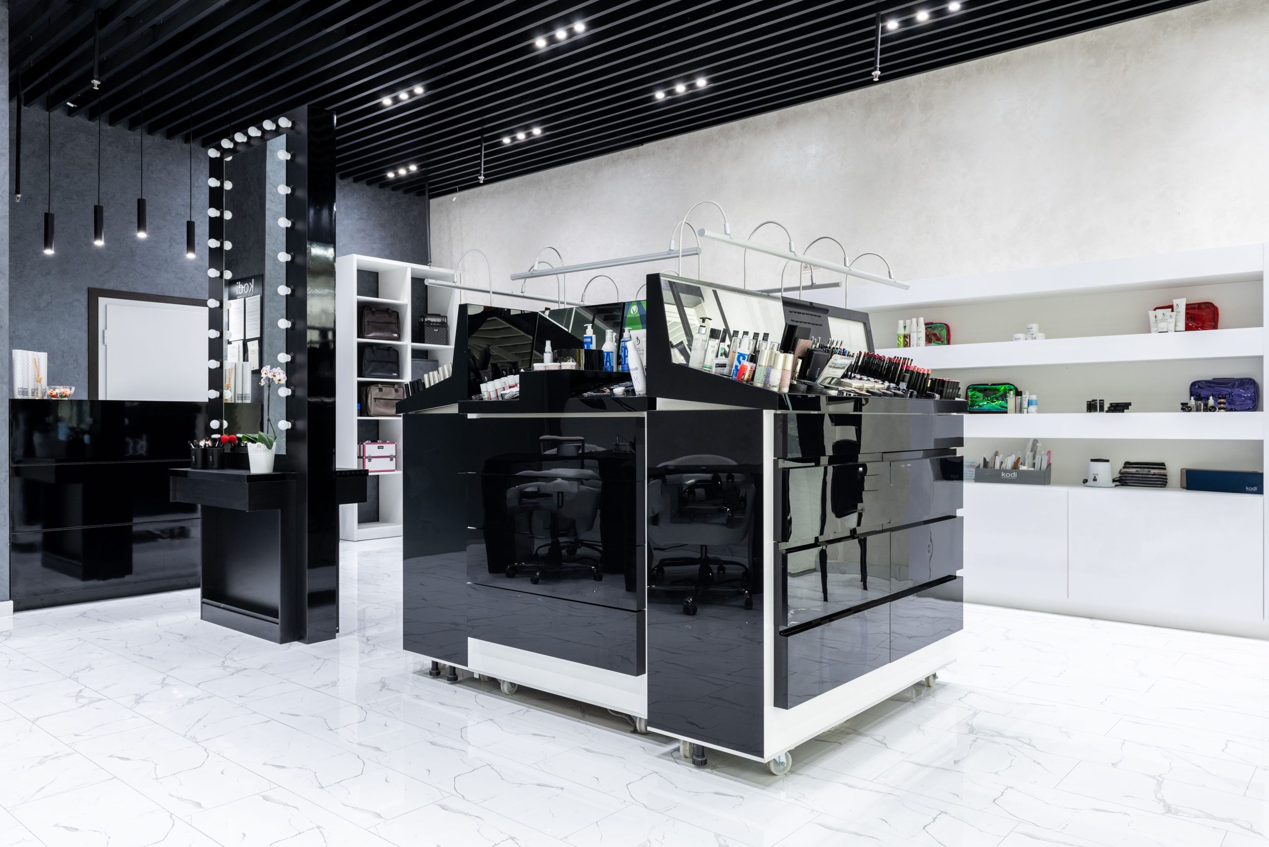 Modern retail store with sleek custom display units and shelving showcasing products